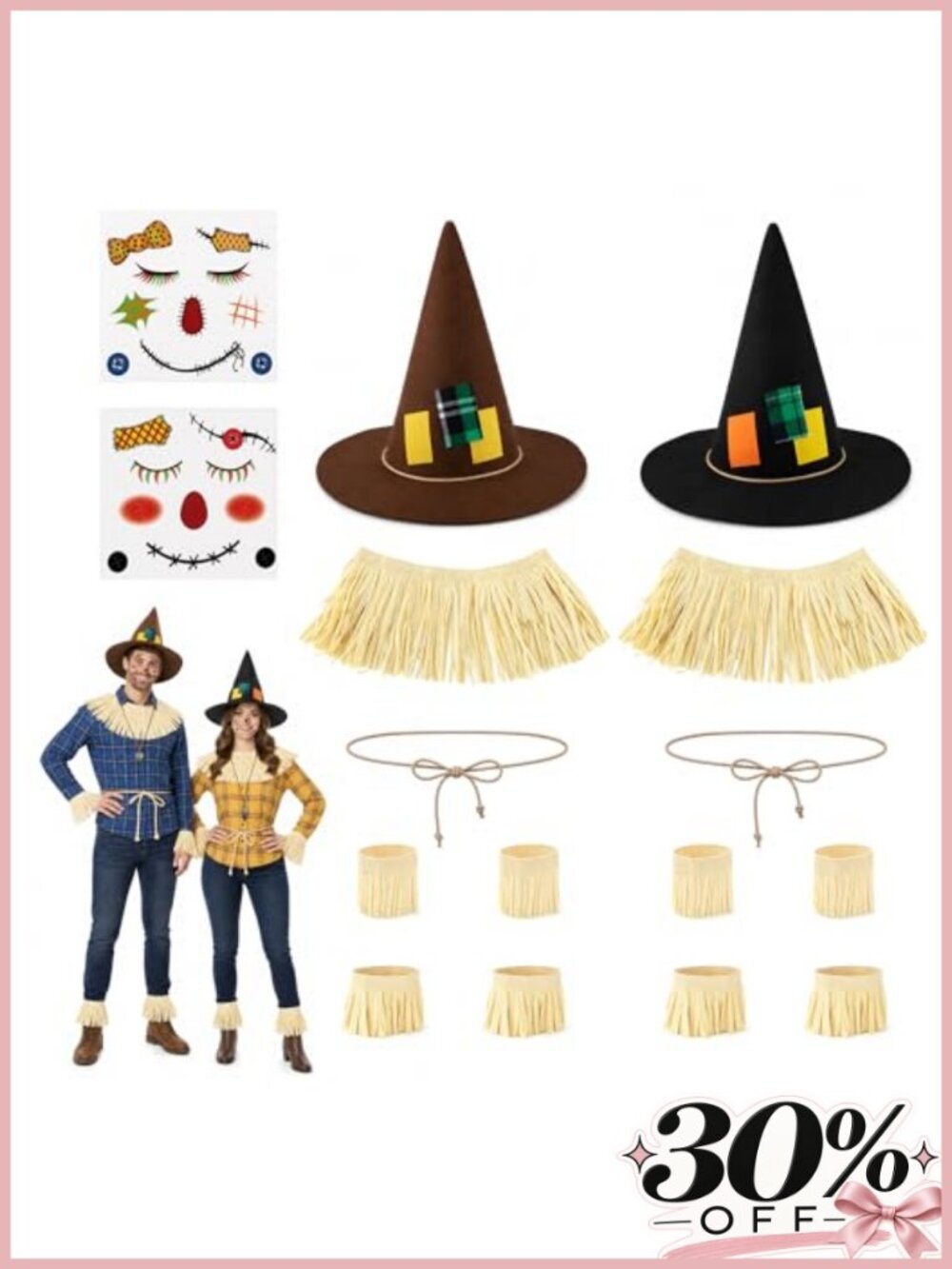 Scarecrow Costume Accessory Set Felt Hat Raffia Cuffs Cosplay 2 Pack